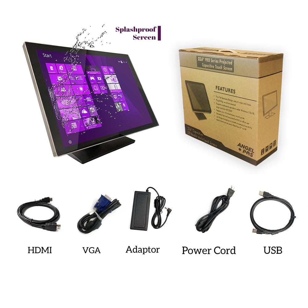 23.6" Capacitive Pro LED Backlit Multi-Touch HDMI VGA Monitor with 16:9 Display 1920 x 1080, True Flat Seamless Design Touchscreen, Great for Office, POS, Retail, Restaurant, Bar, Gym, Warehouse