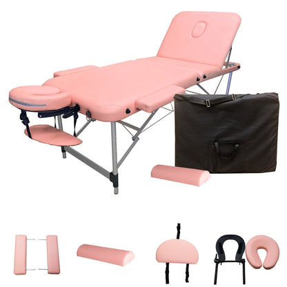 3-Section Aluminum 84 Inch Portable Massage Table Facial SPA Bed Tattoo with Carry Case, Face Cradle and Arm Rests, Home Therapist （Pink)