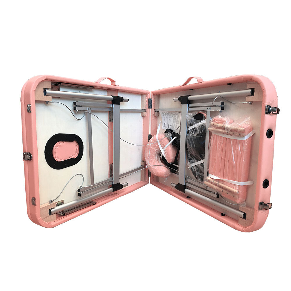 3-Section Aluminum 84 Inch Portable Massage Table Facial SPA Bed Tattoo with Carry Case, Face Cradle and Arm Rests, Home Therapist （Pink)
